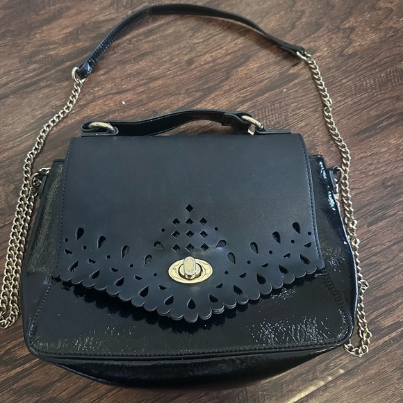 Neiman Marcus Black and Gold Crossbody Bag with Laser-Cut Design - Picture 1 of 3